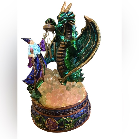 Vintage Musical Sculpture Fantasy Wizard And Dragon Crystals And Wind Chime - Picture 2 of 16
